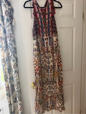 Boho Floral Maxi Dress in Cream with Multicolor Embroidery